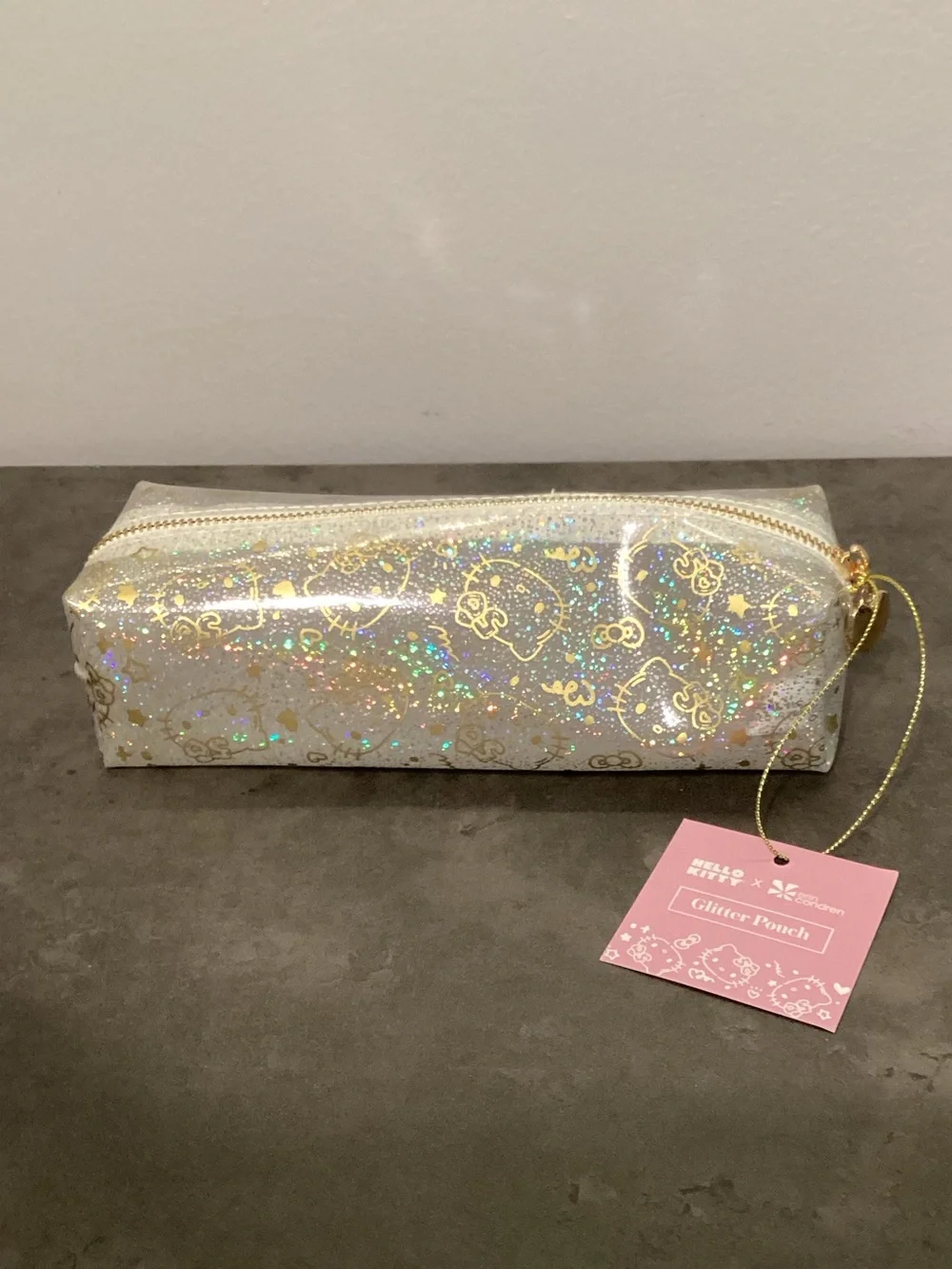 Hello Kitty Holographic Silver Pencil Case with Gold Trim